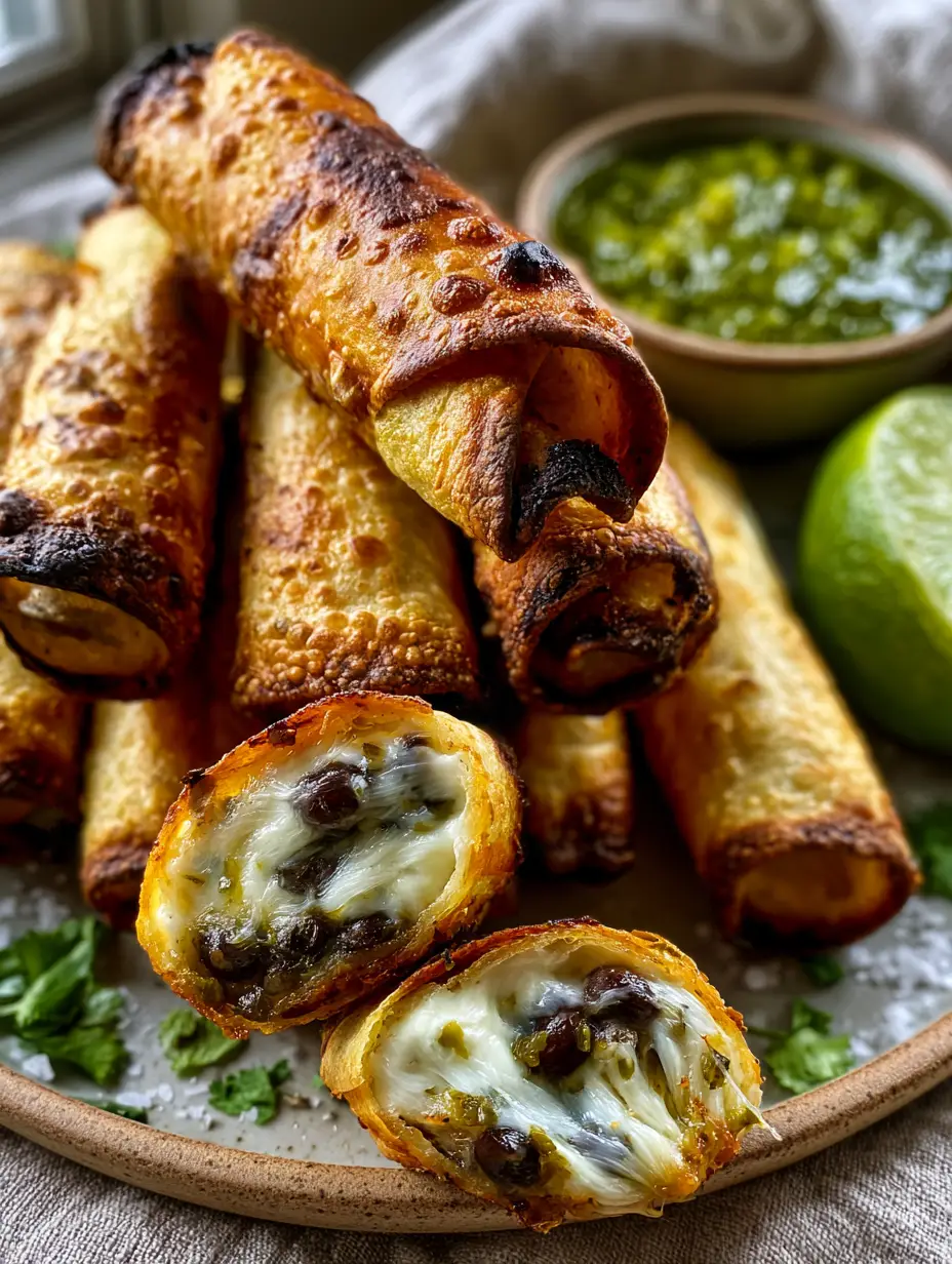 Creamy Black Bean Taquitos (Extra Crispy Air Fryer Recipe) 3 Close-up of a stack of Creamy Black Bean Taquitos showing charred edges and micro-bubbles.