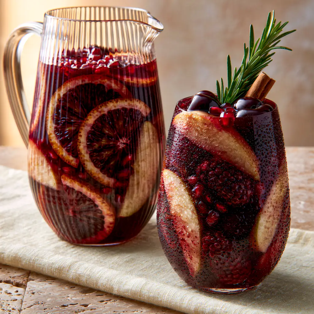 Close up shot of fresh blood oranges, cherries, and rosemary floating in a rich ruby-red Non-Alcoholic Sangria base.