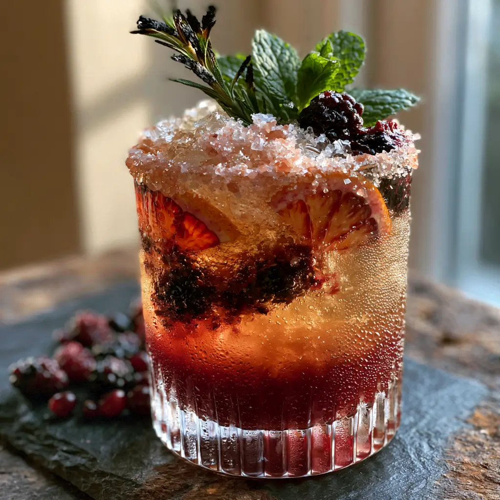 Charred rosemary sprig and slapped mint garnishing a layered mocktail.