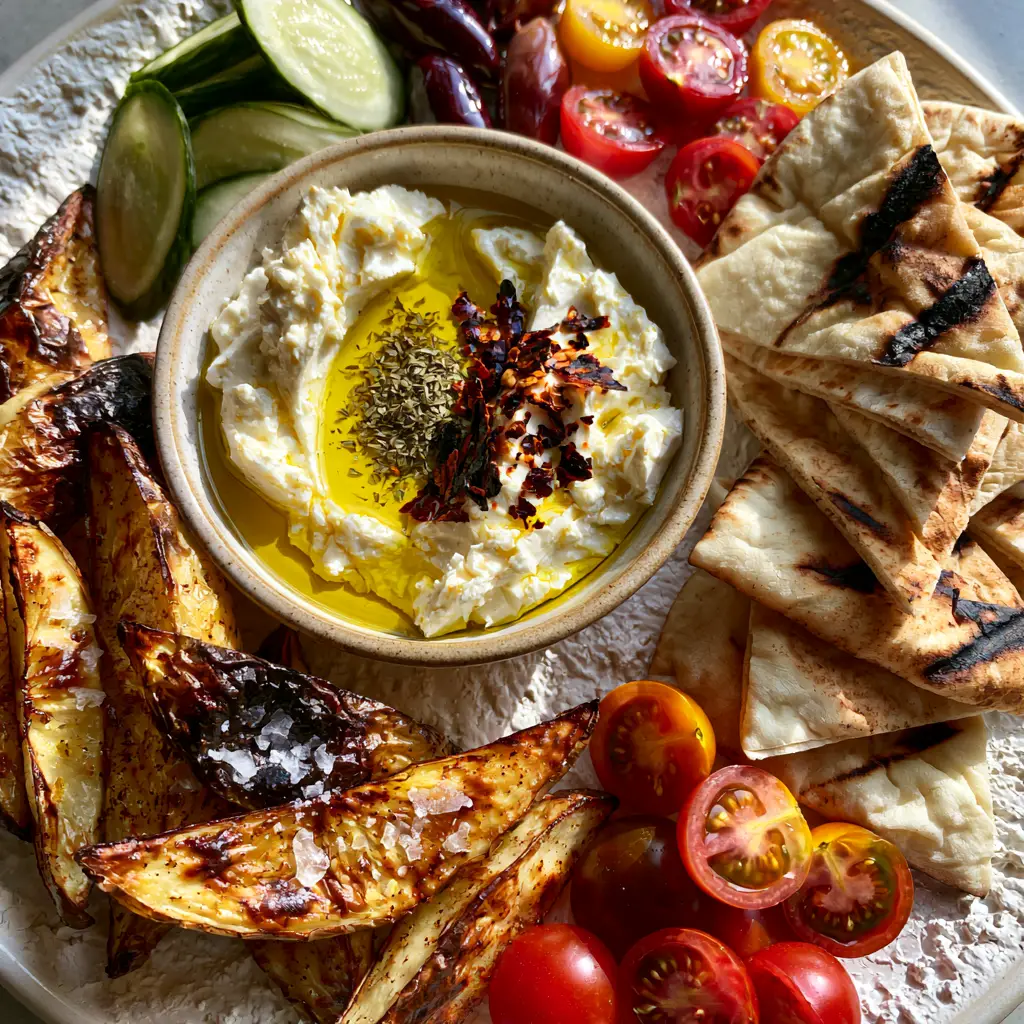Close up of charred pita bread triangles and heirloom tomatoes on a mezze platter.
