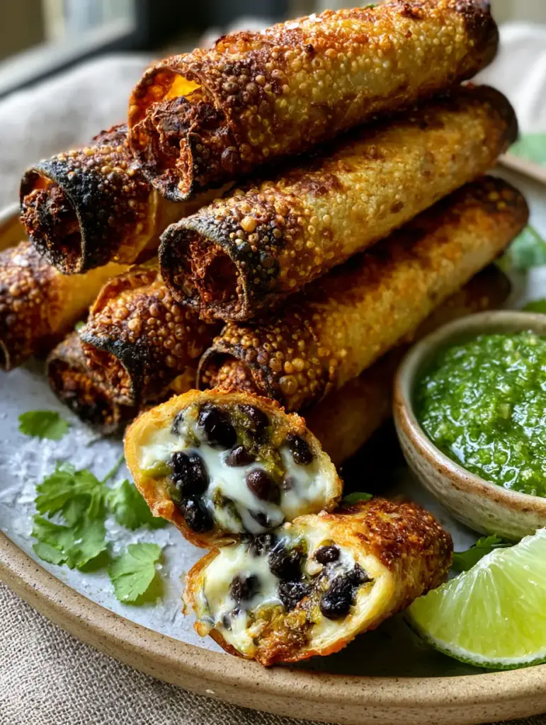 Creamy Black Bean Taquitos (Extra Crispy Air Fryer Recipe) 1 Creamy Black Bean Taquitos snapped in half to reveal molten cream cheese and whole black beans.