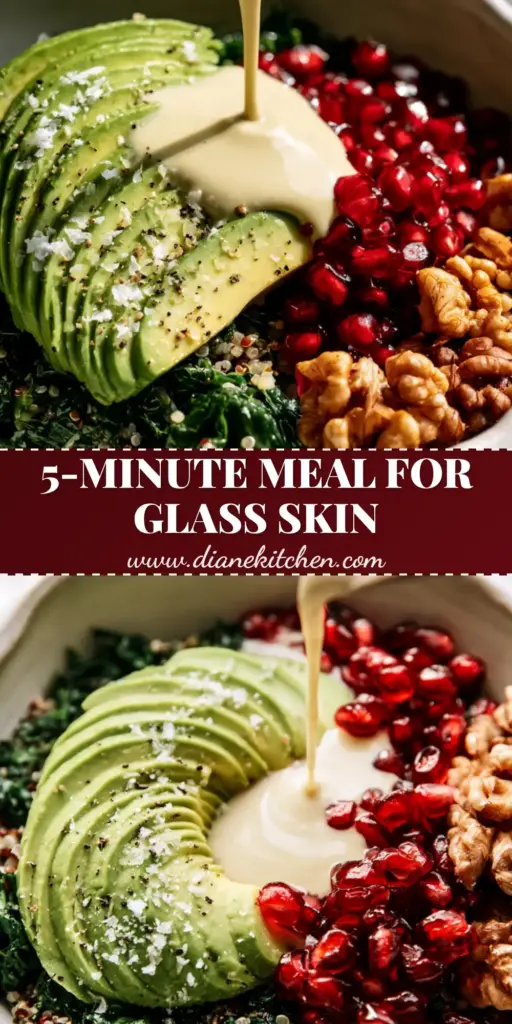 A vibrant Glass Skin Beauty Bowl with massaged kale, fanned avocado, and pomegranate seeds for glowing skin tips.