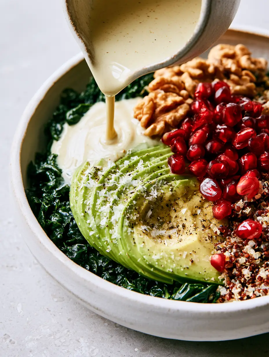 Macro shot of fanned avocado slices with flaky sea salt on a bed of kale and quinoa (glowing skin tips).