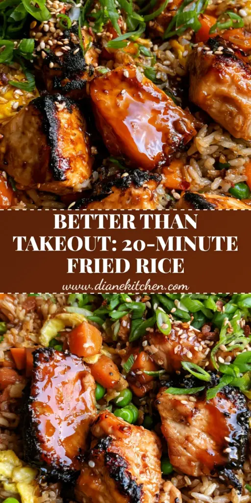A top-down hero shot of teriyaki chicken fried rice in a dark wok with glistening sauce, sesame seeds, and green scallions.