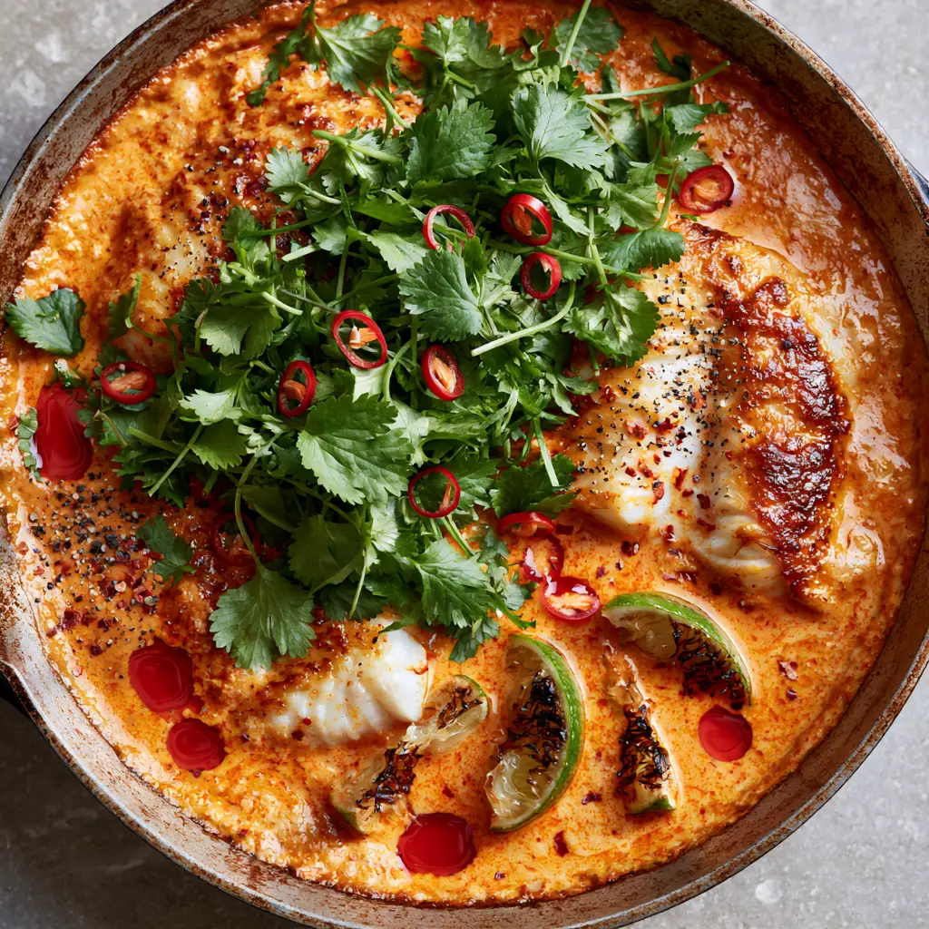 Spicy Coconut Grouper Recipe: A Bold 30-Minute Pan-Seared Masterpiece 2 Macro shot of pan-seared white grouper fillets in a thick orange coconut sauce with red bird's eye chilies. (spicy coconut grouper recipe)