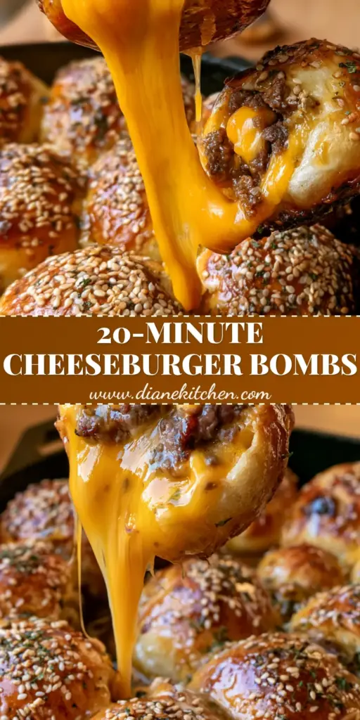 A handheld smartphone photo of golden-brown Cheeseburger Bombs in a cast iron skillet with a dramatic cheese pull showing molten yellow cheddar and seared beef.