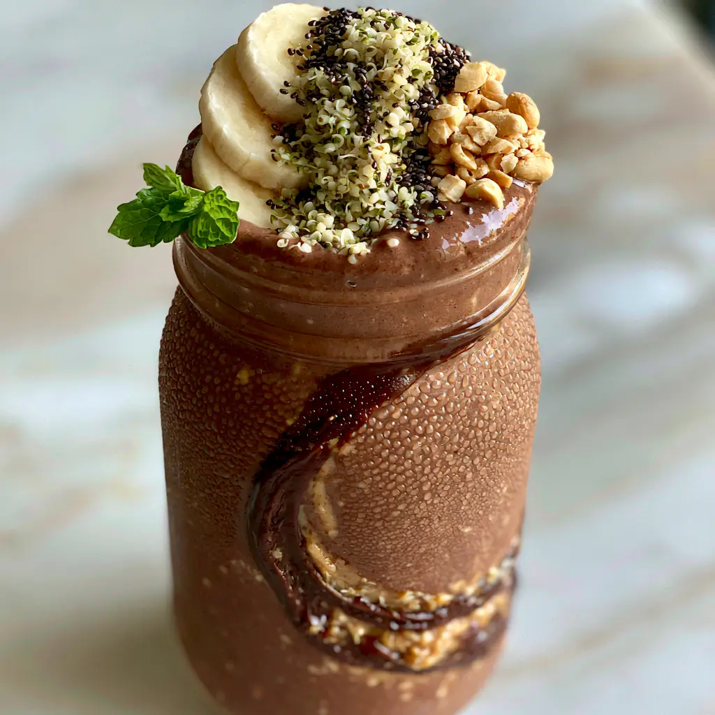 Breakfast Smoothie Recipes: Ultra-Thick Chocolate Peanut Butter Power 2 Close up of a creamy chocolate protein smoothie with a peanut butter swirl and chia seed toppings. (breakfast smoothie recipes)
