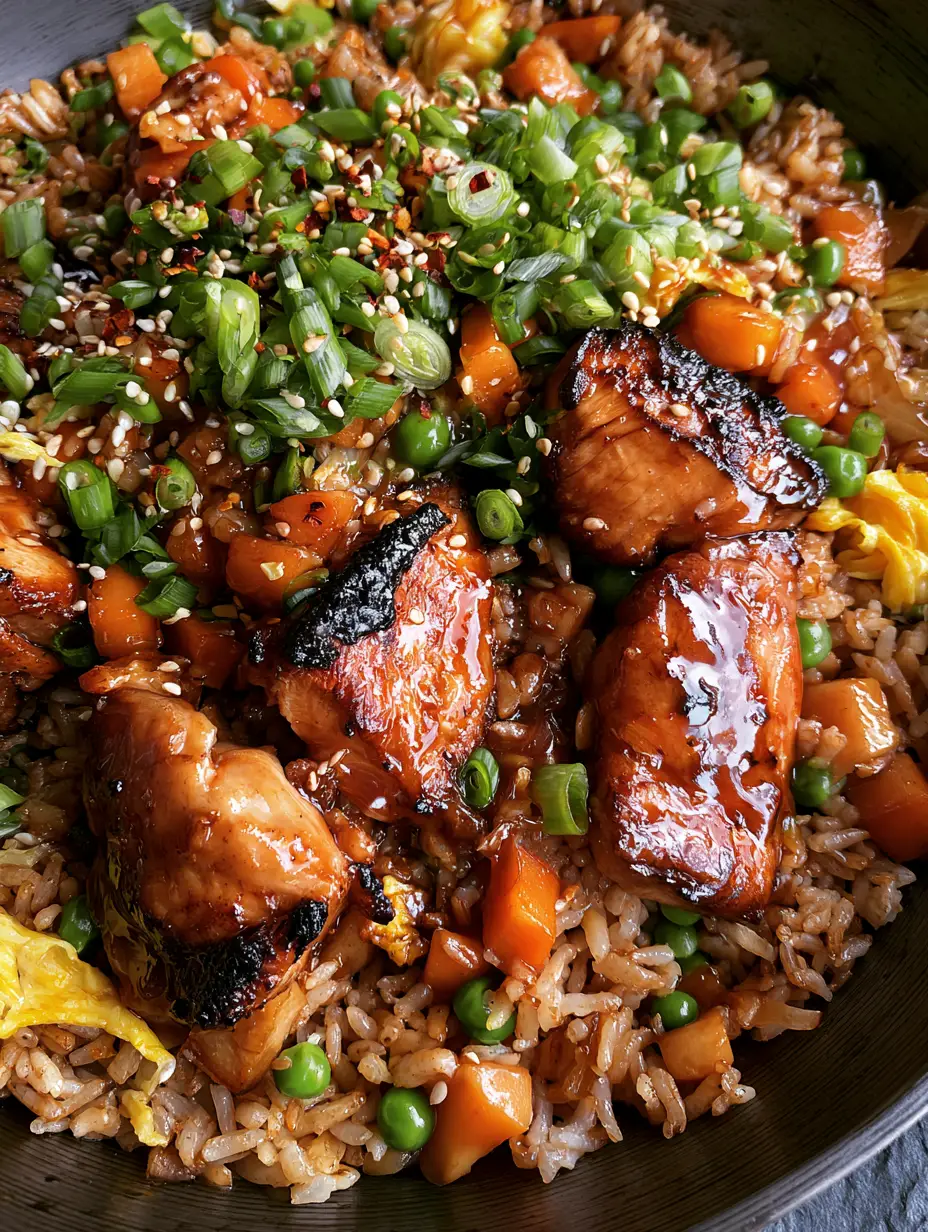 Extreme close-up of seared chicken chunks and toasted jasmine rice coated in amber teriyaki glaze. (teriyaki chicken fried rice)