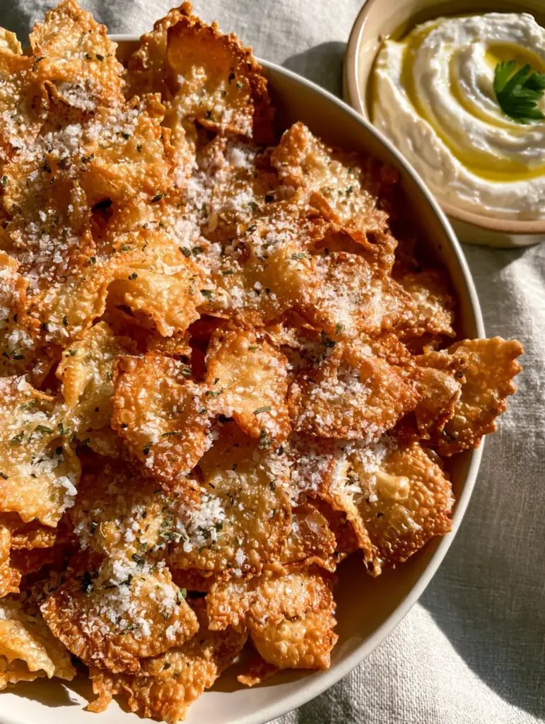 Oven-baked pasta chips with Creamy Whipped Feta Dip 2 Top-down handheld photo of farfalle pasta chips in a bowl with whipped feta dip on a grey linen background. (Oven-baked pasta chips)