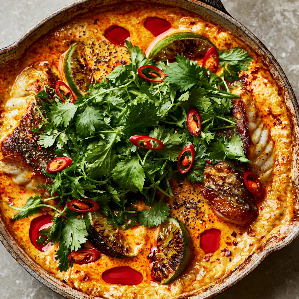 Spicy Coconut Grouper Recipe: A Bold 30-Minute Pan-Seared Masterpiece 1 A seasoned cast iron skillet filled with spicy coconut grouper, garnished with cilantro and charred lime wedges.