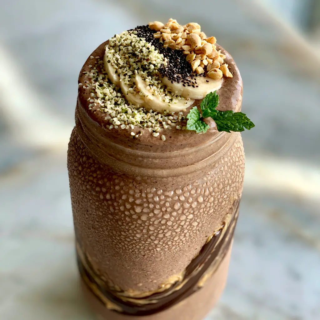Breakfast Smoothie Recipes: Ultra-Thick Chocolate Peanut Butter Power 1 Overhead view of a breakfast smoothie topped with fresh banana slices, hemp hearts, and crushed peanuts.