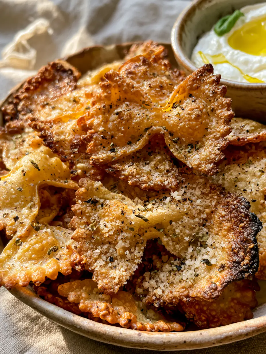 Extreme close-up of blistered farfalle pasta chips with charred edges and parmesan dust.