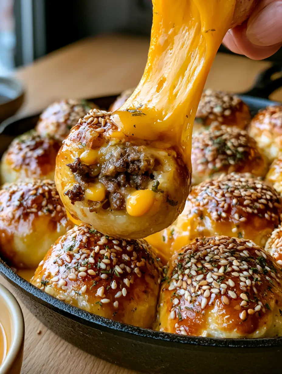 Close up of golden-brown baked dough Cheeseburger Bombs topped with sesame seeds and garlic butter in a black cast iron skillet.