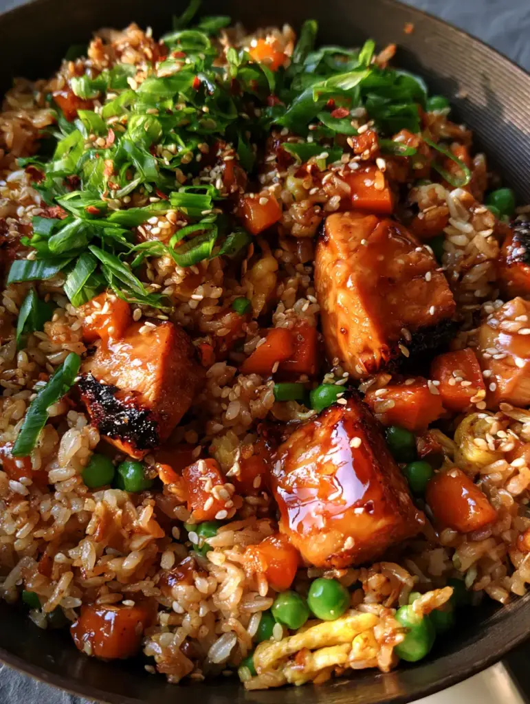 Top-down view of teriyaki chicken fried rice showing scrambled egg ribbons and bright green peas in a carbon steel wok.