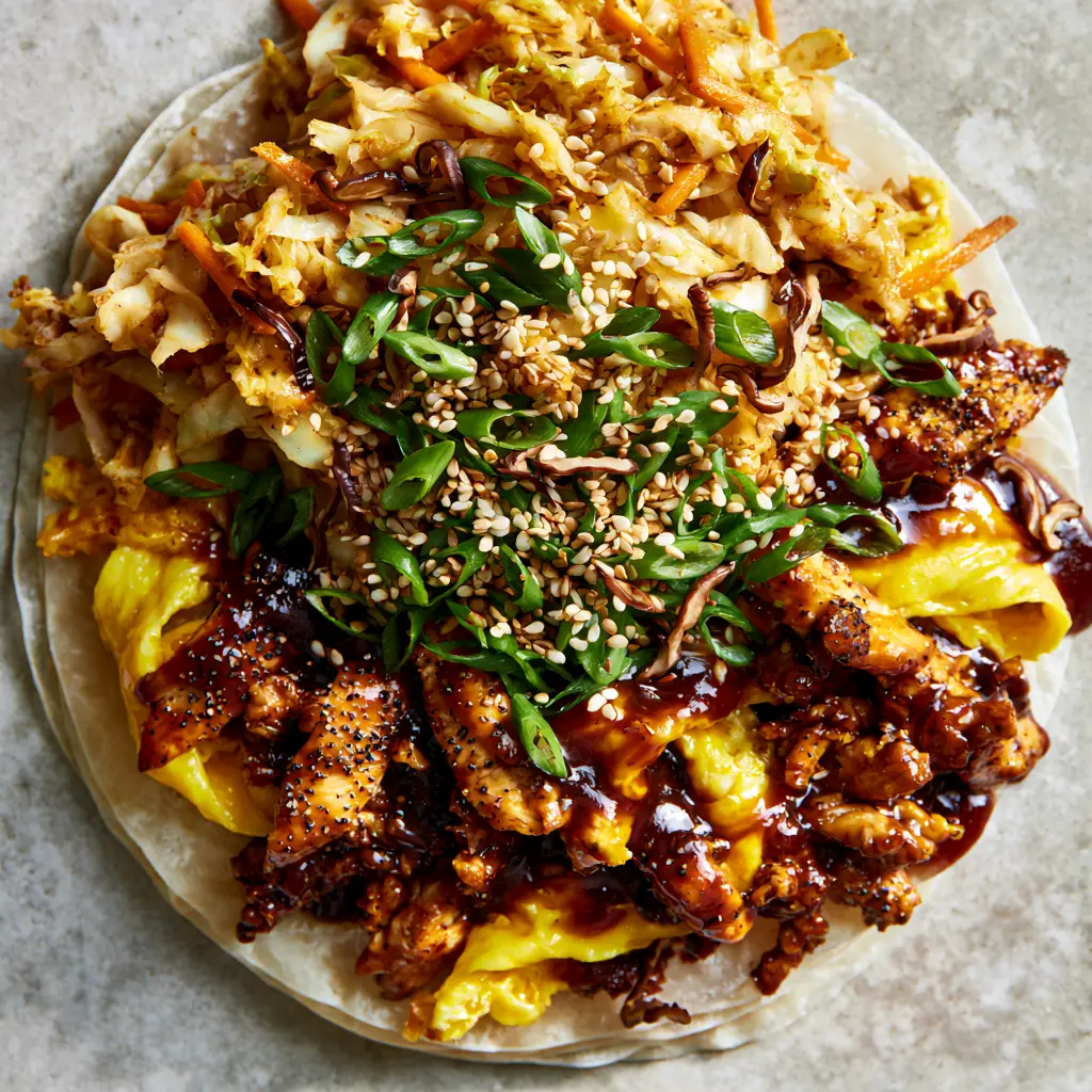 Close-up shot of thin flour pancakes stacked next to a pile of stir-fried Moo Shu Chicken with glossy sauce.