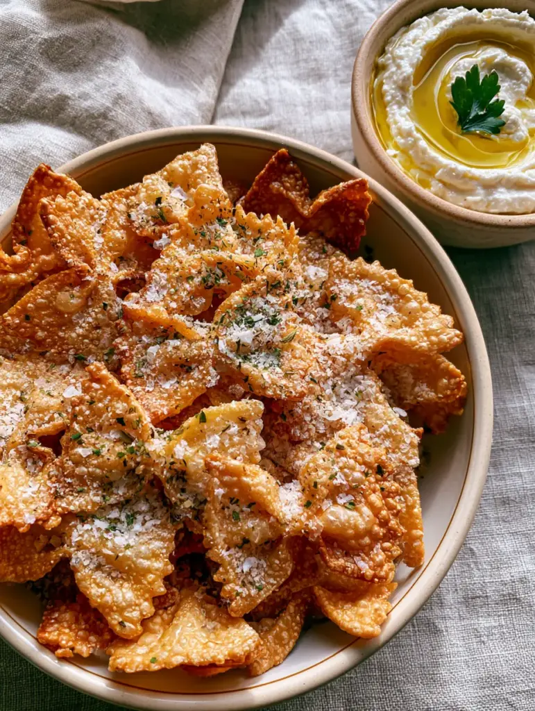 Oven-baked pasta chips with Creamy Whipped Feta Dip 1 Detailed view of airy, blistered Oven-baked pasta chips dusted with fine parmesan cheese and Italian herbs.