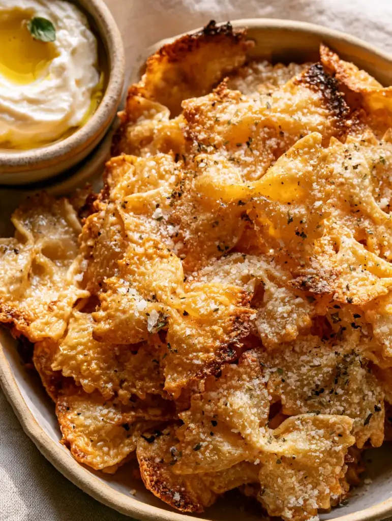 Crispy farfalle pasta chips piled high in a bowl with visible oregano flakes and cracked black pepper.