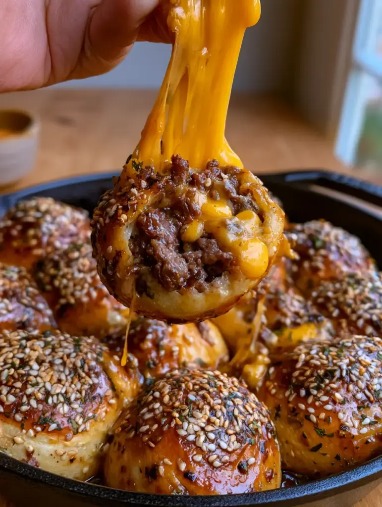 Interior view of a torn Cheeseburger Bomb revealing seared seasoned ground beef and melted cheese pockets.