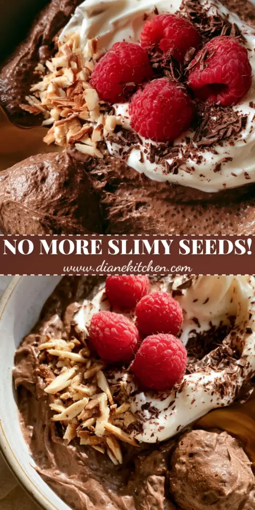 A close-up of a luxurious chocolate chia pudding mousse in a ceramic bowl with a gold spoon, topped with raspberries and almonds.