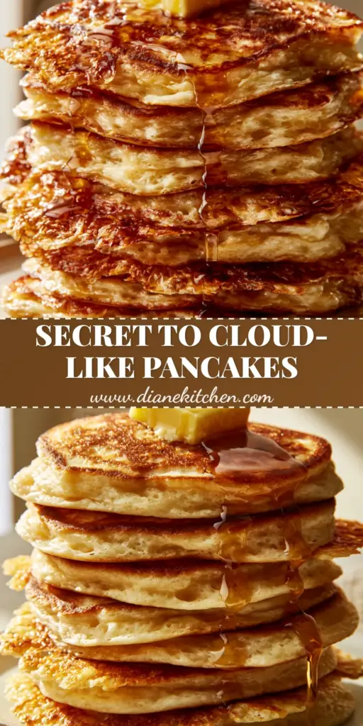 A towering stack of six thick buttermilk Classic Pancakes with a melting butter pat and amber maple syrup glaze.
