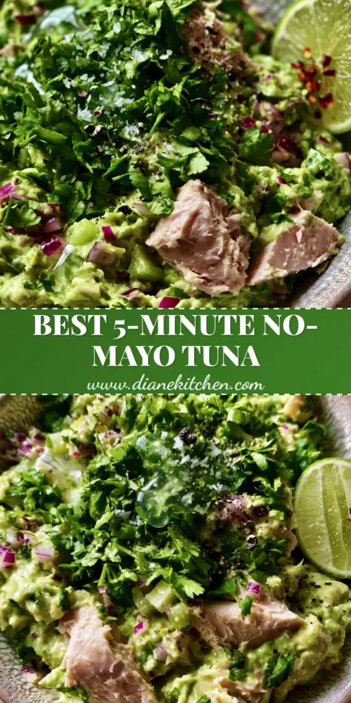 A close-up shot of Avocado Tuna Salad in a ceramic bowl with lime wedges and chili flakes, perfect for a Pinterest-style healthy lunch.