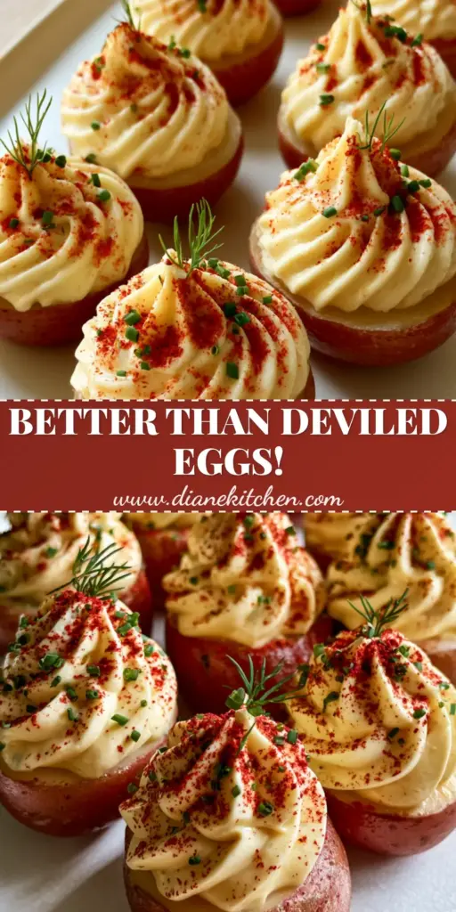 Deviled Potatoes: The Ultimate Vegan Star-Tipped Party Appetizer 3 A platter of Deviled Potatoes arranged in a grid, featuring roasted baby red potato halves topped with star-tipped swirls of creamy yellow filling, garnished with smoked paprika, chives, and dill.