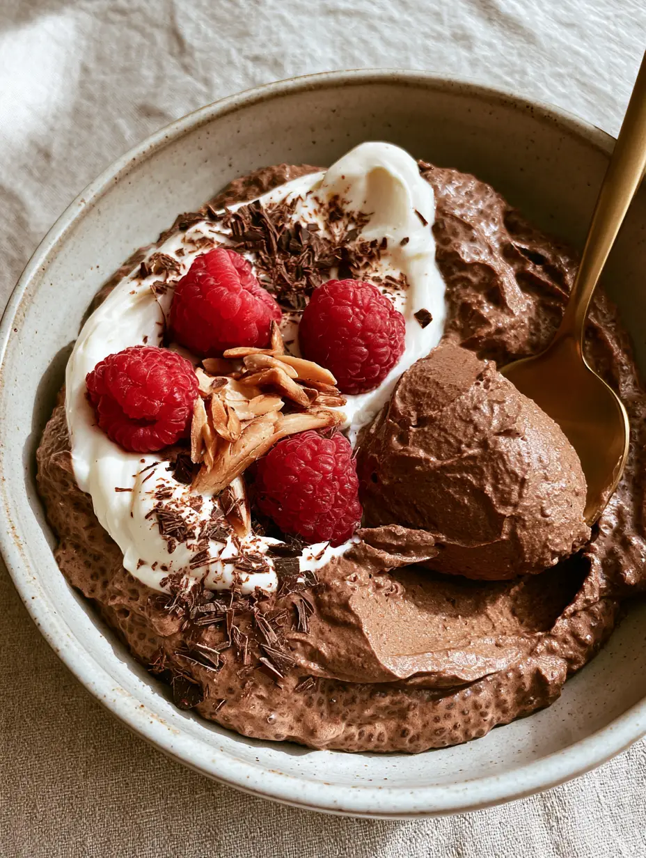 Overhead view of a minimalist bowl filled with whipped chocolate chia pudding, Greek yogurt swirls, and raspberries.