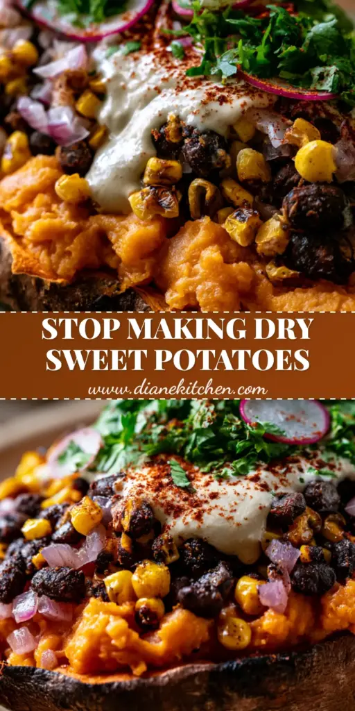 A steaming roasted sweet potato split open and piled high with seasoned black beans, charred corn, and lime-tahini sauce. (black bean stuffed sweet potatoes)