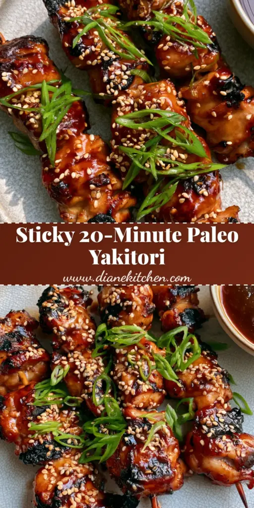 A smartphone photo of five chicken yakitori skewers with charred edges and sticky dark amber glaze on a light-grey plate. (paleo chicken yakitori)