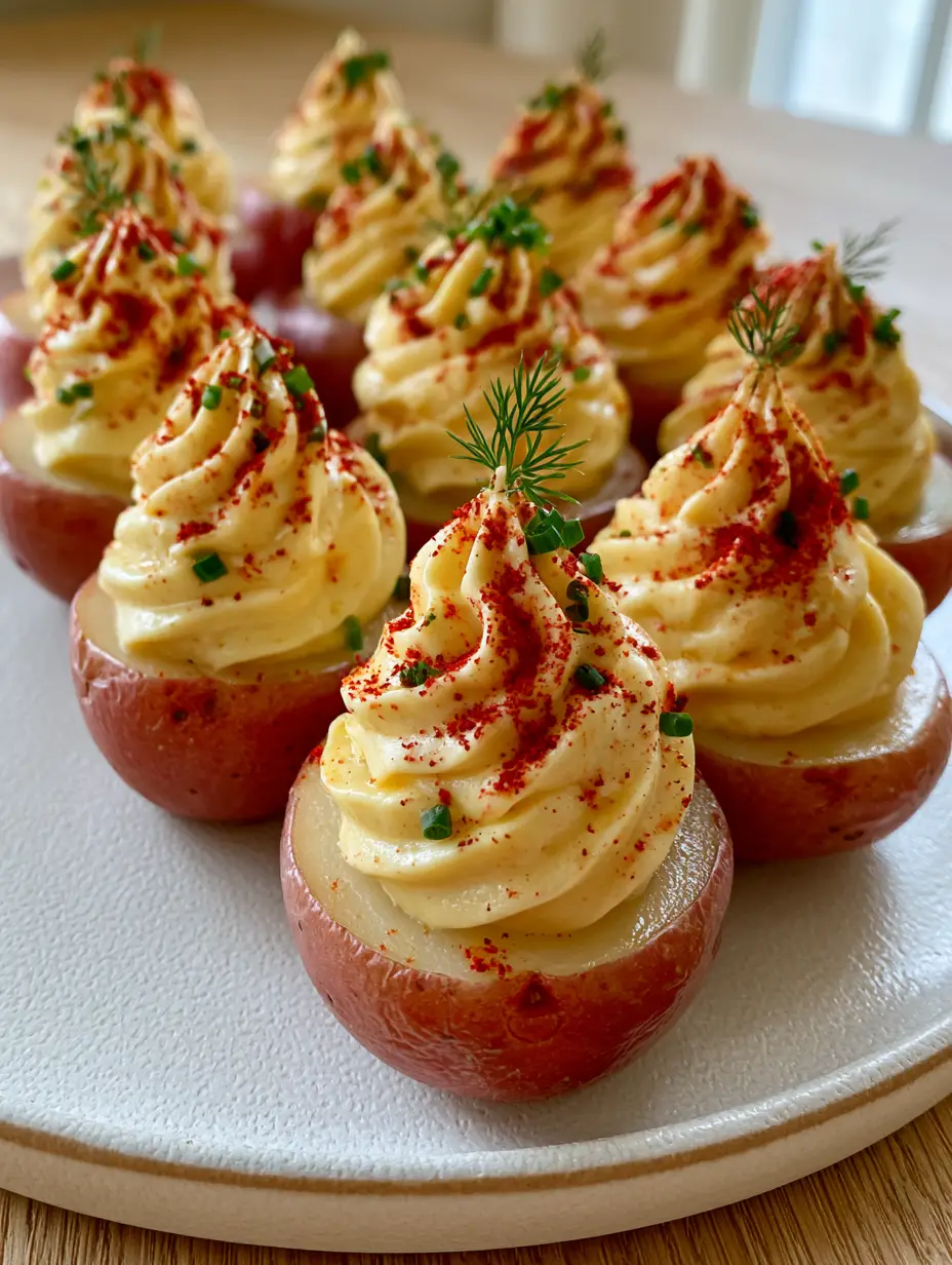 Deviled Potatoes: The Ultimate Vegan Star-Tipped Party Appetizer 4 Close up of Deviled Potatoes showing the shimmering skin of the red baby potatoes and the sharp ridges of the mustard-mayo filling.
