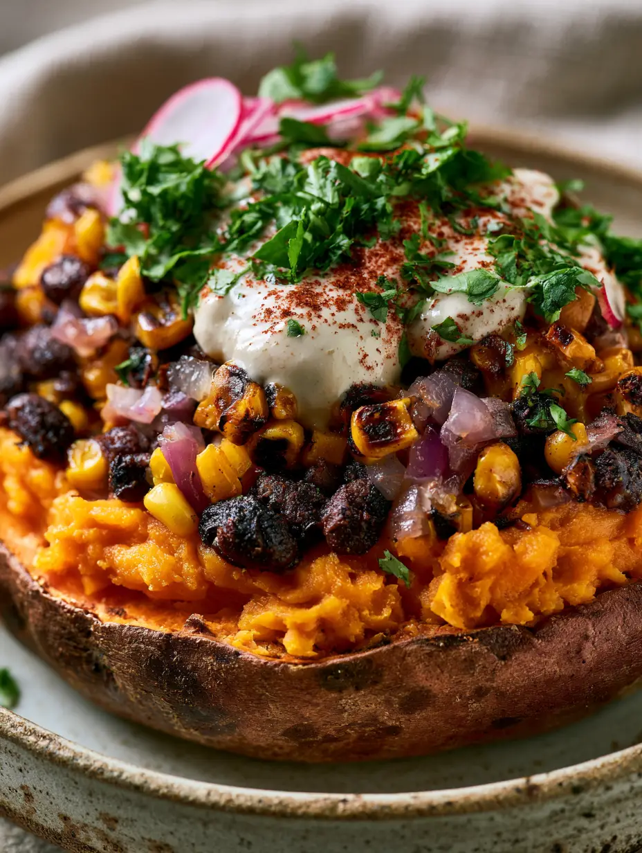 Extreme close-up of fluffy orange sweet potato flesh topped with beans and cilantro. (black bean stuffed sweet potatoes)