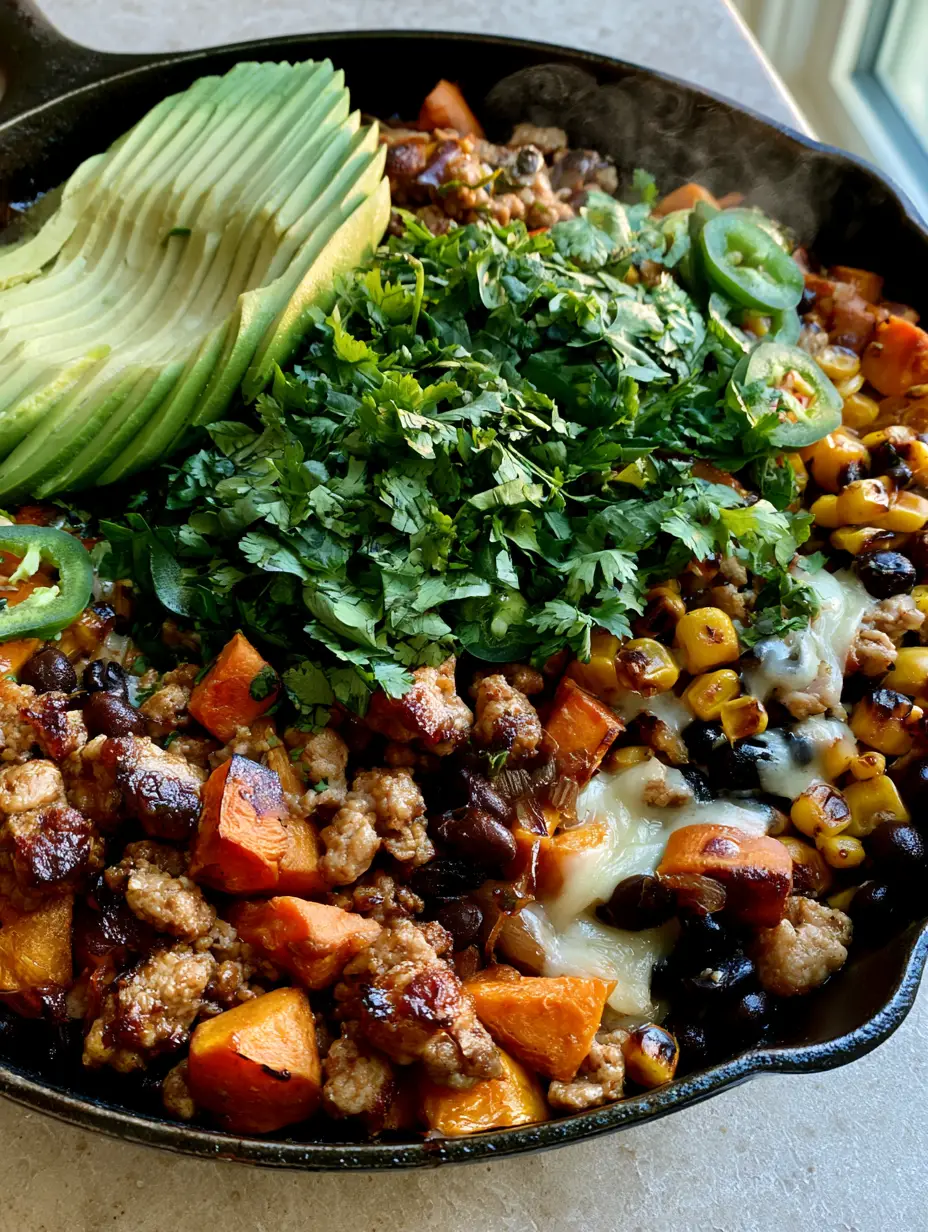 Ground Turkey Skillet with Caramelized Sweet Potatoes and Black Beans 3 Close up of seared ground turkey skillet with caramelized sweet potatoes and melted Monterey Jack cheese in a black skillet.