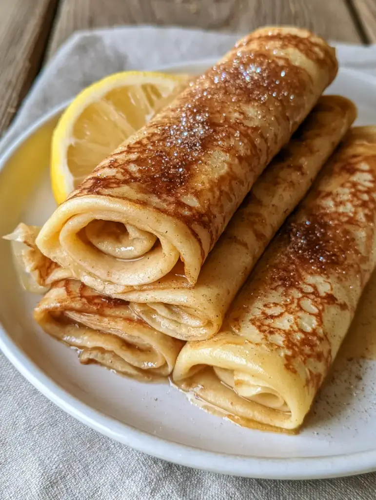 South African Pancakes: The Ultimate Pannekoek Recipe 2 Close-up of South African pancakes showing paper-thin texture and intricate lacy charred spots with iridiscent sugar crystals.