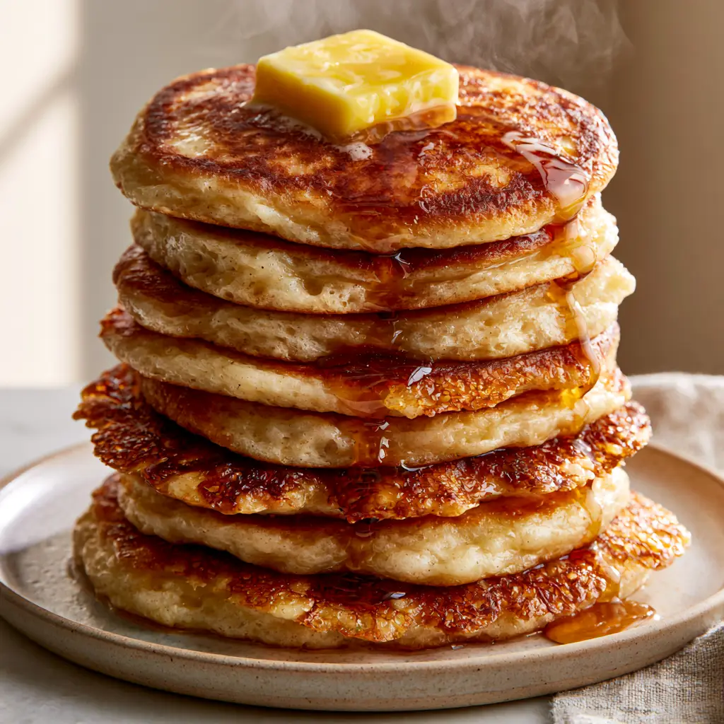 Six stacked Classic Pancakes with steam rising and maple syrup glistening on buttery lacy edges.