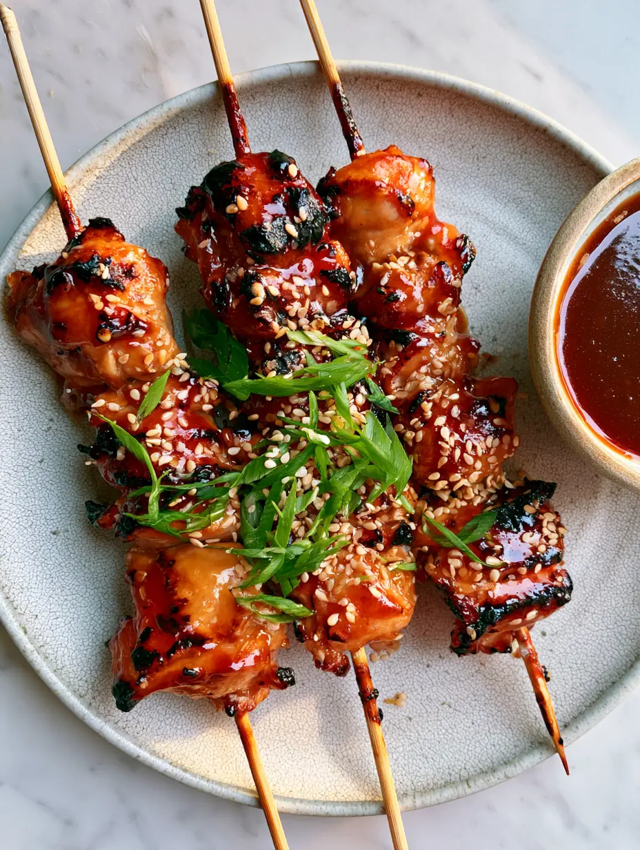 Top-down view of grilled chicken thighs on bamboo skewers with sesame seeds and scallions. (paleo chicken yakitori)