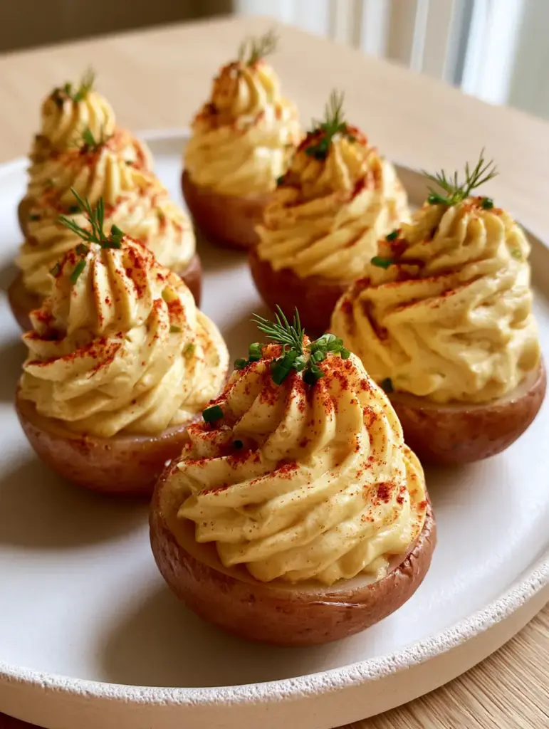 Deviled Potatoes: The Ultimate Vegan Star-Tipped Party Appetizer 1 A modern platter of Deviled Potatoes on a matte white plate with a neutral light-oak wooden background.