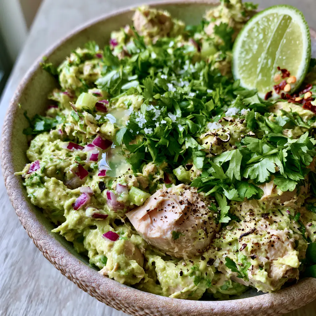 Top-down view of Avocado Tuna Salad featuring red chili flakes, cracked black pepper, and a fresh lime wedge on a wooden table.