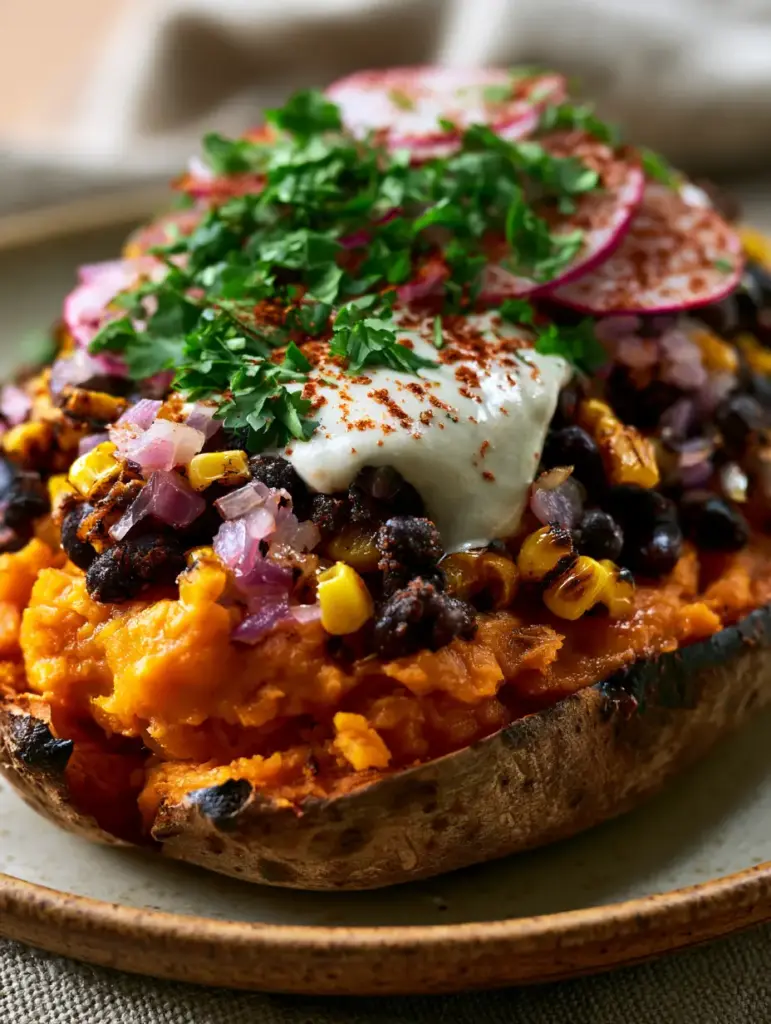 Top-down view of black bean stuffed sweet potatoes with charred corn and radish slices.