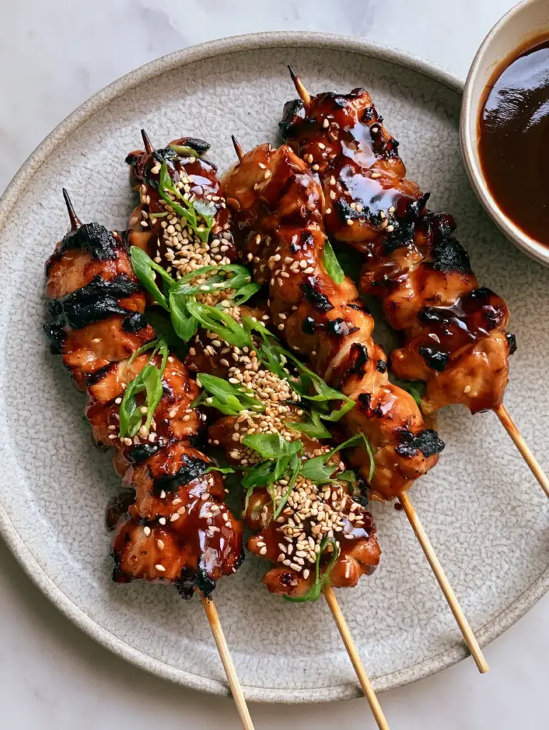 Five chicken yakitori skewers on a textured light-grey ceramic plate with a side bowl of glaze.