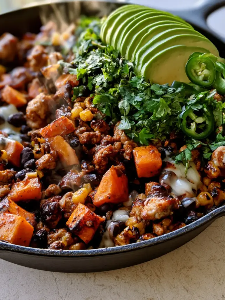 Ground Turkey Skillet with Caramelized Sweet Potatoes and Black Beans 1 High angle shot of a ground turkey skillet topped with fresh avocado, cilantro, and jalapeños with visible steam.