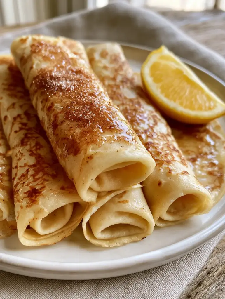South African Pancakes: The Ultimate Pannekoek Recipe 1 Expertly rolled traditional South African pannekoek cylinders glistening with melted cinnamon sugar and lemon juice droplets.