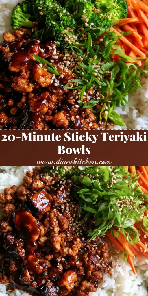 Ground Turkey Teriyaki Rice Bowls with Glossy Mahogany Glaze 3 A close-up shot of Ground Turkey Teriyaki Rice Bowls featuring caramelized turkey crumbles, glossy mahogany sauce, and bright steamed broccoli.