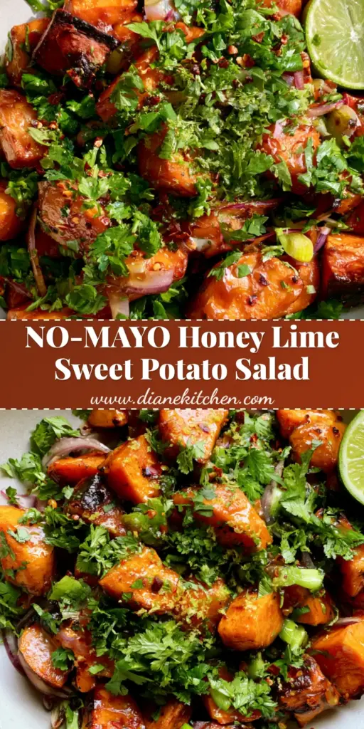Honey Sweet Potato Summer Salad with Glistening Honey-Lime Glaze 4 A vibrant Honey Sweet Potato Summer Salad in a matte white bowl featuring roasted charred cubes, fresh green herbs, and red onion slivers.
