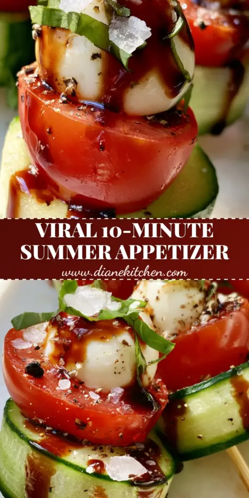 Cucumber Caprese Skewers: The Ultimate Refreshing 10-Minute Appetizer 4 A close-up vertical shot of Cucumber Caprese Skewers featuring thick cucumber slices, mozzarella pearls, and halved tomatoes drizzled with balsamic glaze, optimized for Pinterest sharing.