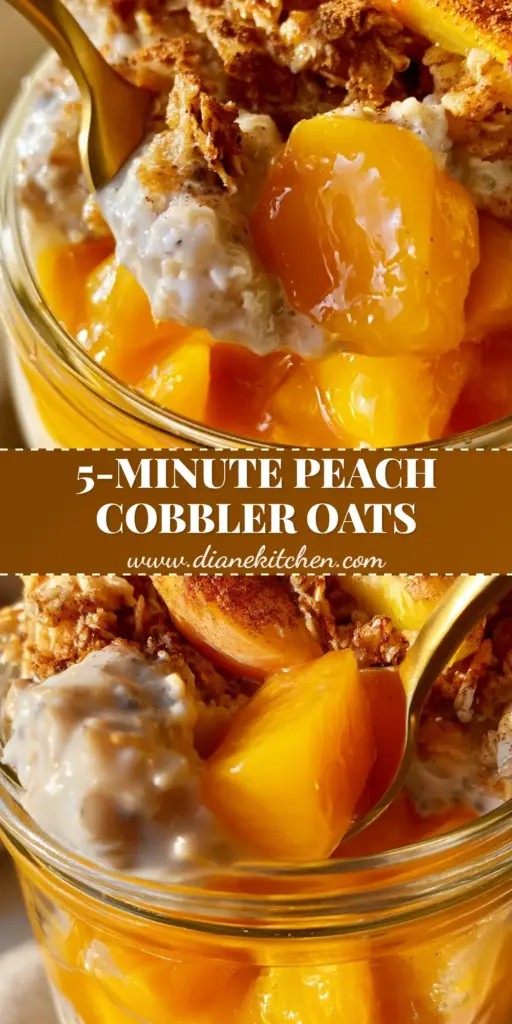 A premium glass jar of Peach Cobbler Overnight Oats with layered creamy oats, diced peaches, and a golden cinnamon crumble top, featuring a gold spoon.