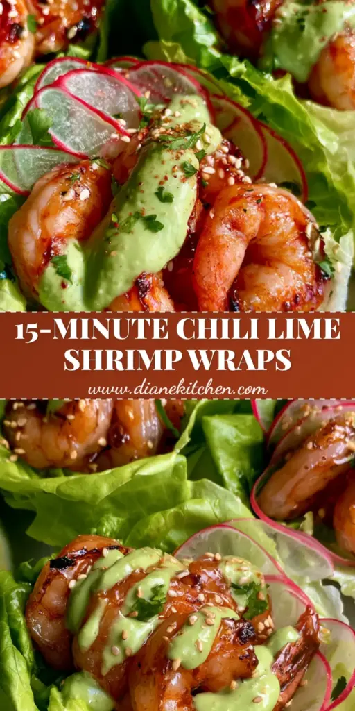 Close-up of three chili-lime shrimp lettuce wraps garnished with radishes, cilantro, and sesame seeds on a stone plate.