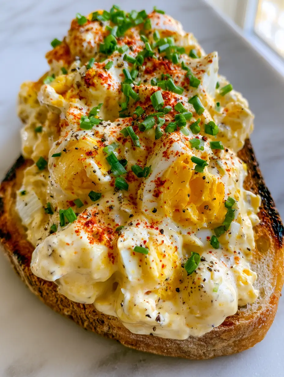 Extreme close-up of thick egg salad chunks with neon-green chives on charred sourdough. (egg salad sandwich)
