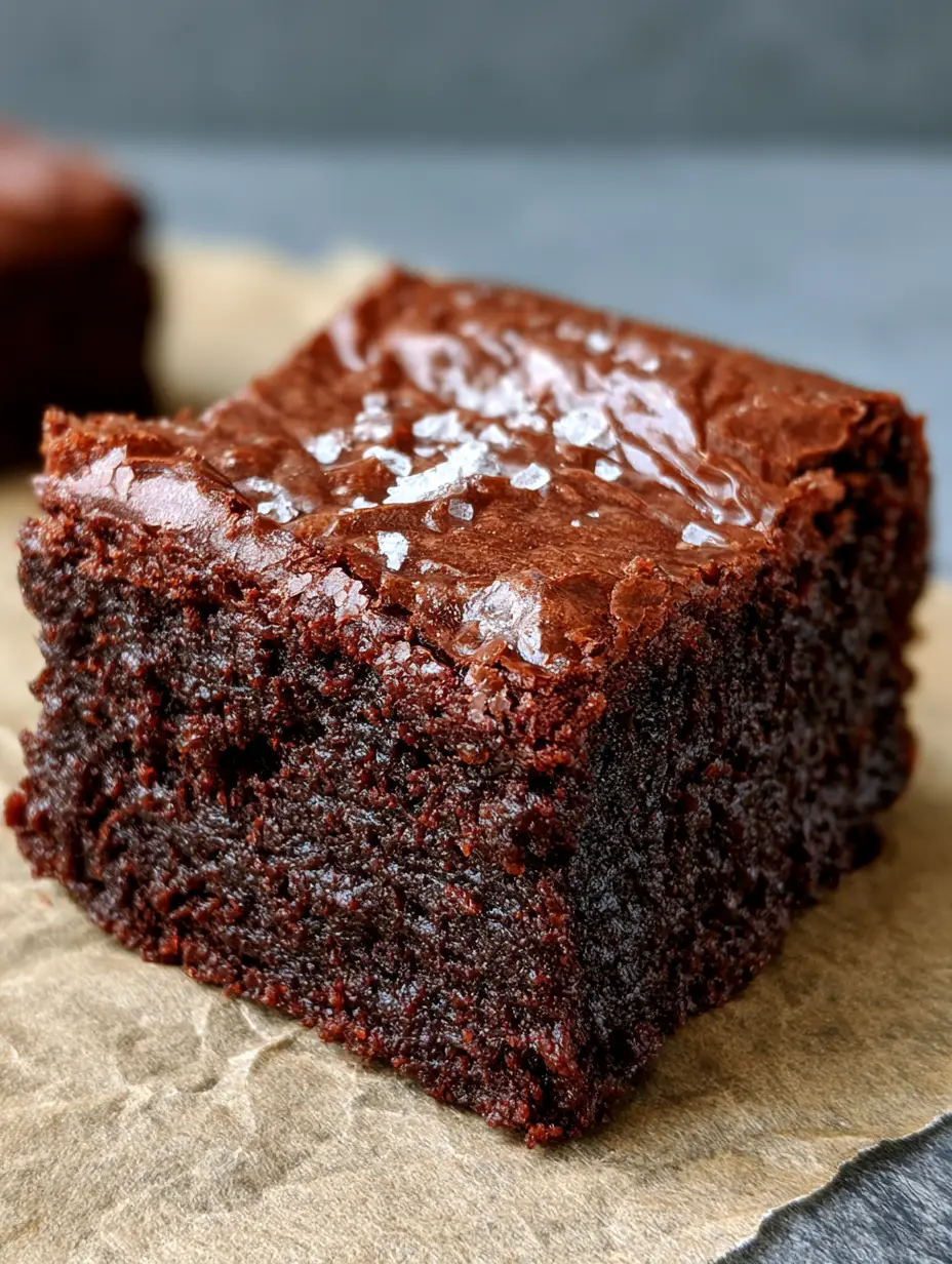 High-angle smartphone photo of a thick fudgy chocolate brownie with a paper-thin crinkle crust and sea salt. (Cocoa Powder Brownies)