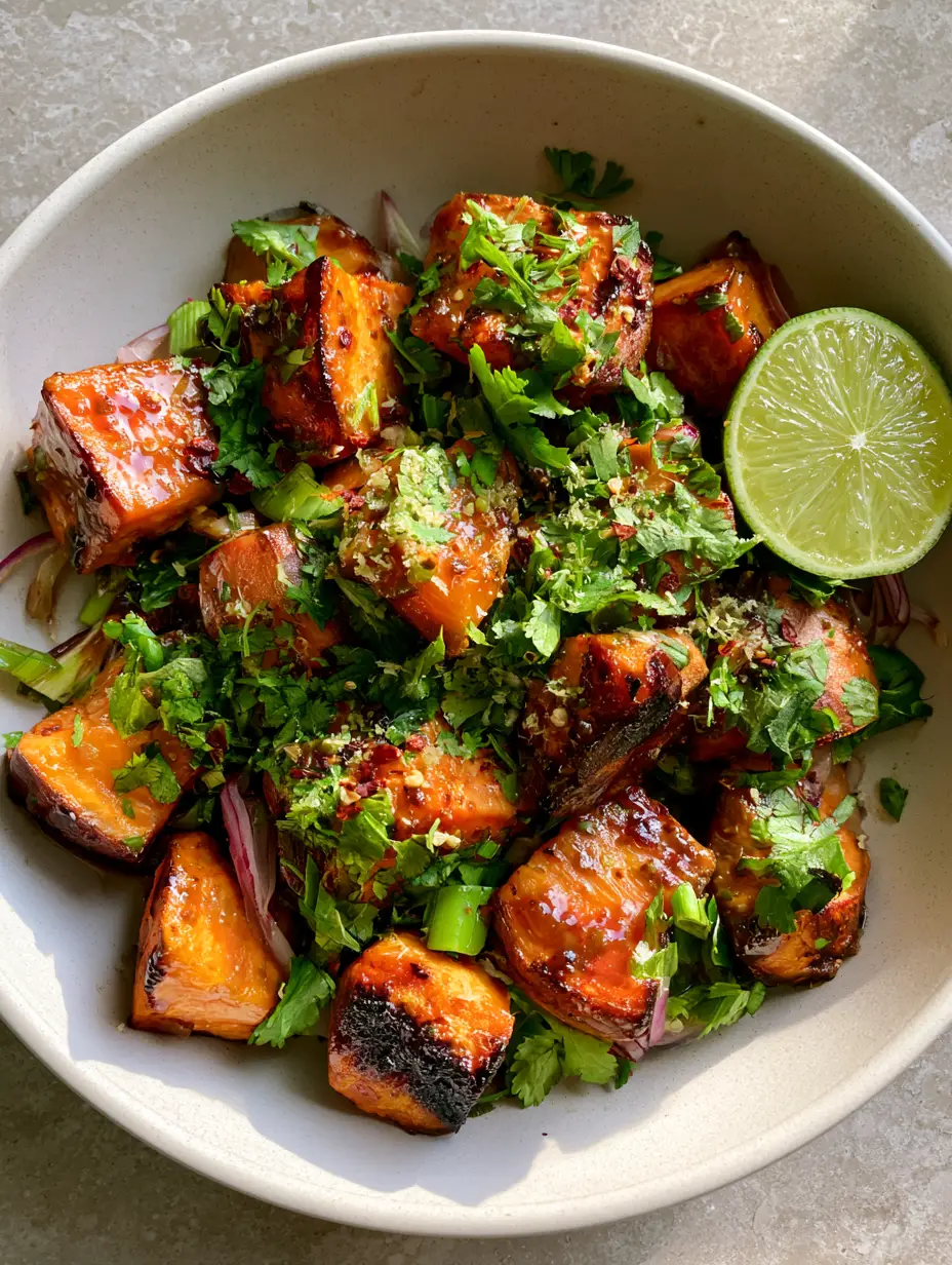 Honey Sweet Potato Summer Salad with Glistening Honey-Lime Glaze 3 Overhead shot of roasted Honey Sweet Potato Summer Salad with glistening lime glaze and fresh cilantro garnish.