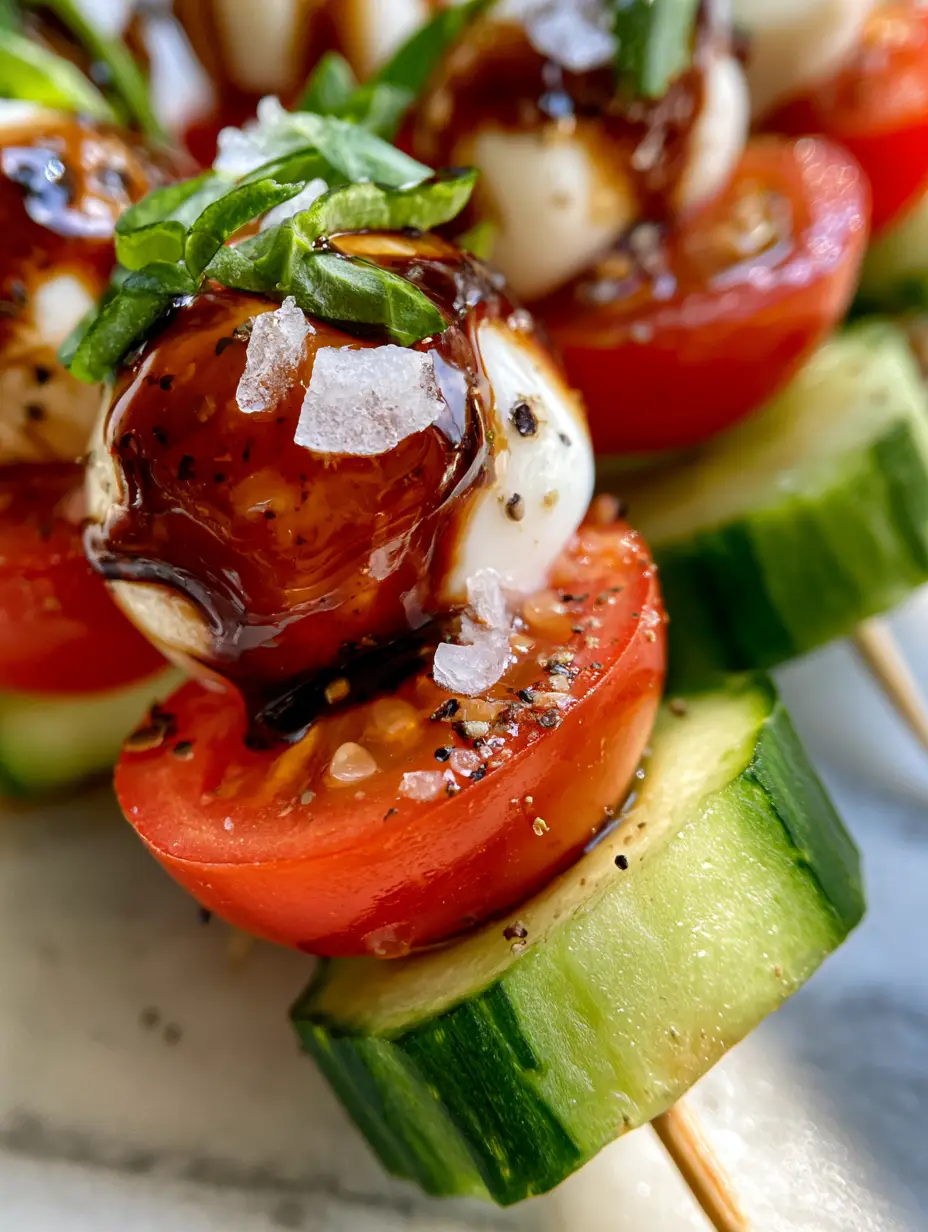 Cucumber Caprese Skewers: The Ultimate Refreshing 10-Minute Appetizer 3 Handheld shot of three Cucumber Caprese Skewers over a marble surface showing glossy mahogany balsamic glaze and fresh basil chiffonade.
